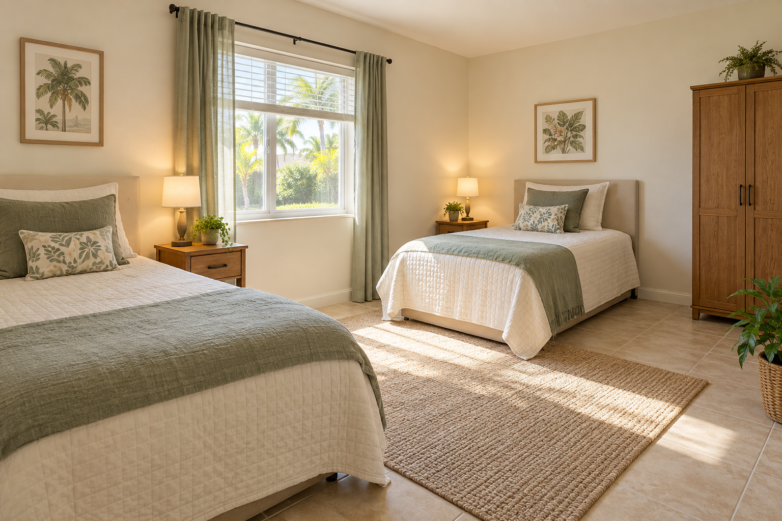 Illustrative AI-generated shared bedroom with two separate beds