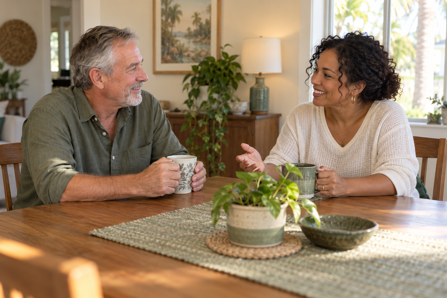 Illustrative scene of two adults enjoying a conversation at home