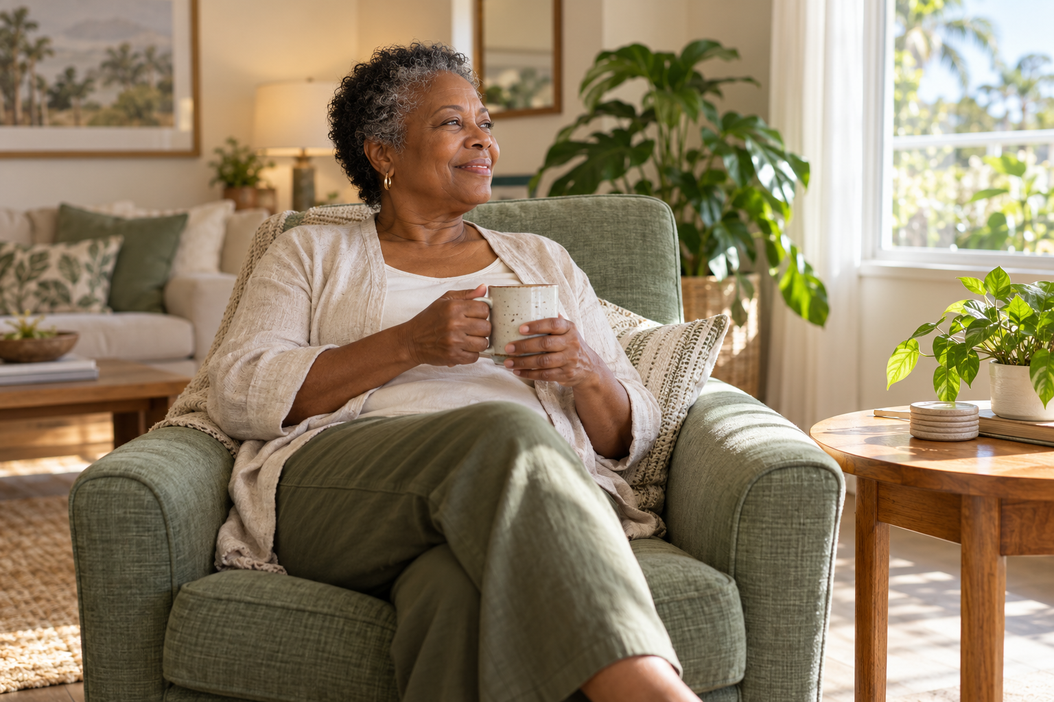 Illustrative scene of a woman relaxing with a warm drink at home