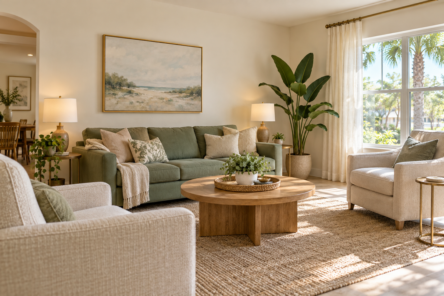 Illustrative AI-generated shared living room with comfortable seating